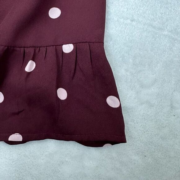 Loft Women's Size M Long Sleeve Split Neck Peplum Blouse Maroon With White Dots - Picture 4 of 11